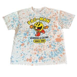 Pac-Man Running & Eating Logo Crew Neck Shirt Men XL White Tie Dyed Retro Gaming